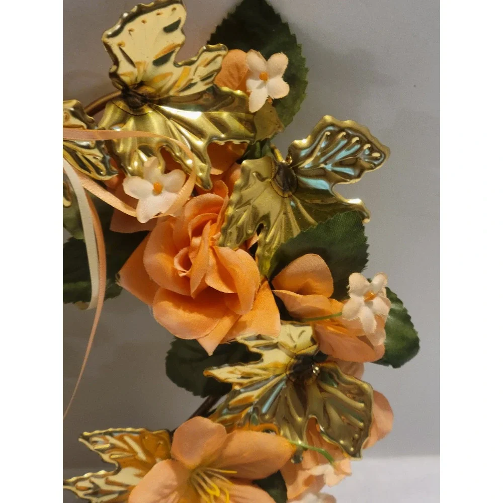 Vtg retro 80s Floral Wreath‎ Unisex OS Peach Gold Shabby Chic Heart Wall Decor